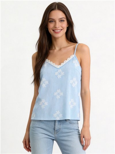 Top rayas estampado flores con encaje