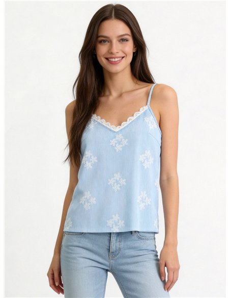 Top rayas estampado flores con encaje