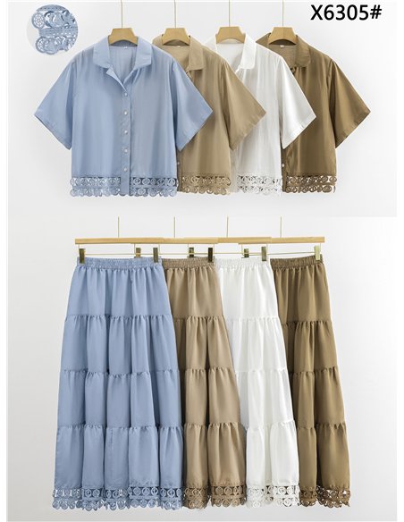 Conjunto camisa puntilla calada y falda