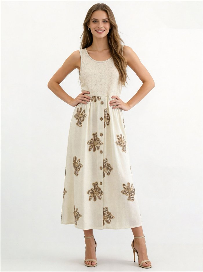 Vestido midi de linho bordado