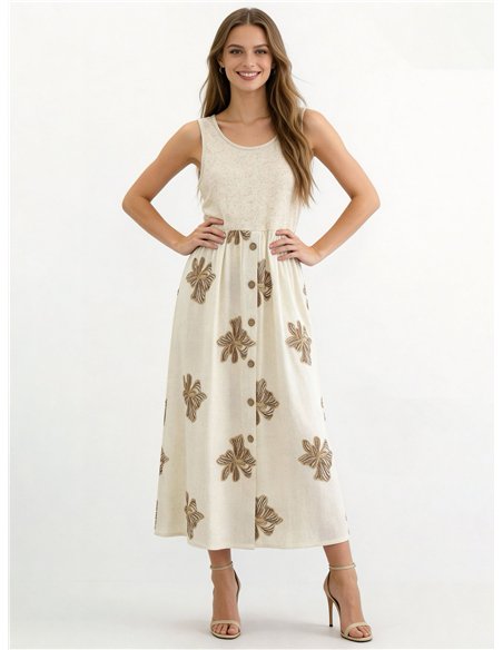 Vestido midi de linho bordado
