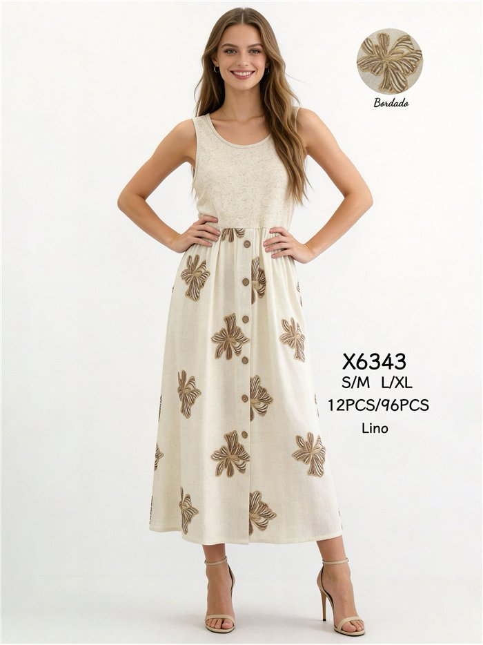Vestido midi de linho bordado