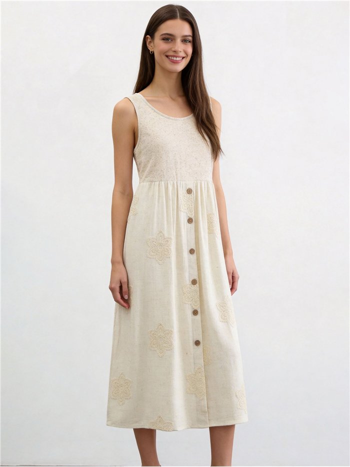 Abito midi in lino con ricami floreali all'uncinetto.