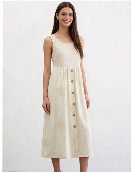 Abito midi in lino con ricami floreali all'uncinetto.