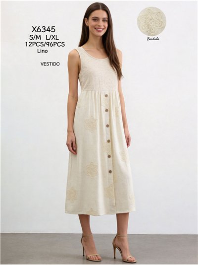 Embroidered crochet flower linen midi dress 2