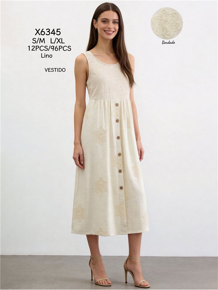 Abito midi in lino con ricami floreali all'uncinetto.