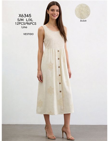 Abito midi in lino con ricami floreali all'uncinetto.