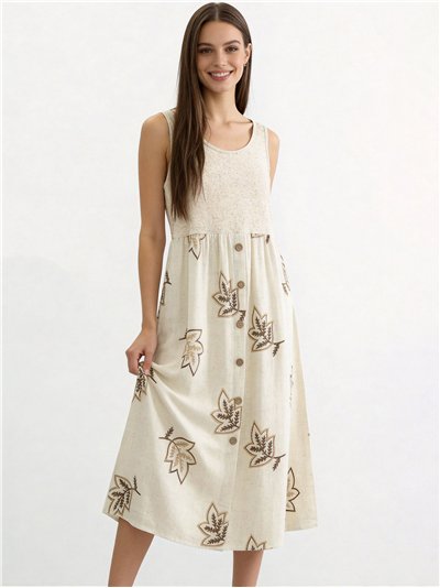 Leinen-Midikleid mit gestickten Blättern