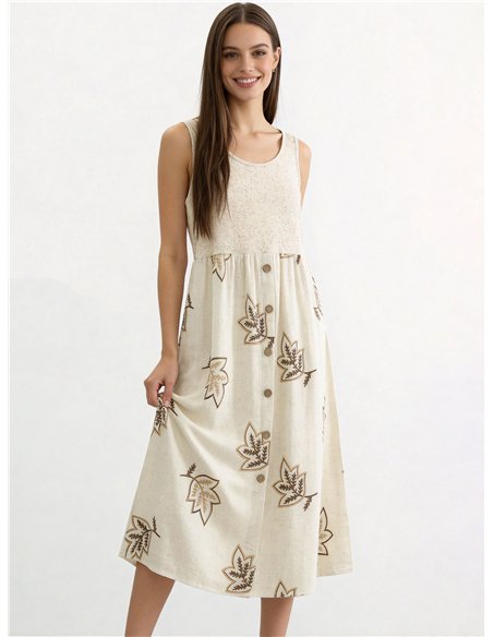 Leinen-Midikleid mit gestickten Blättern