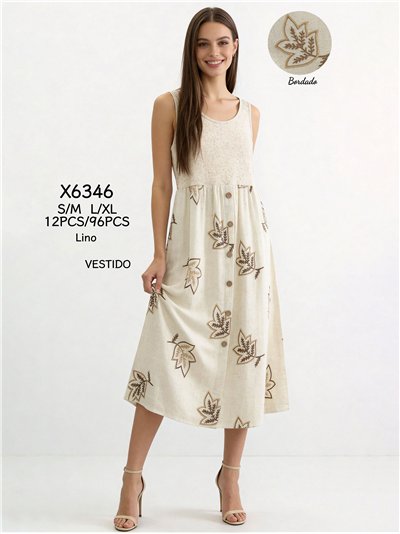 Leinen-Midikleid mit gestickten Blättern 2