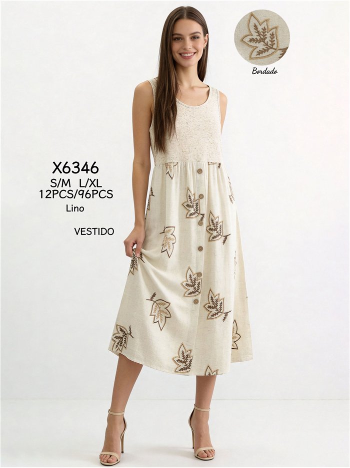 Leinen-Midikleid mit gestickten Blättern