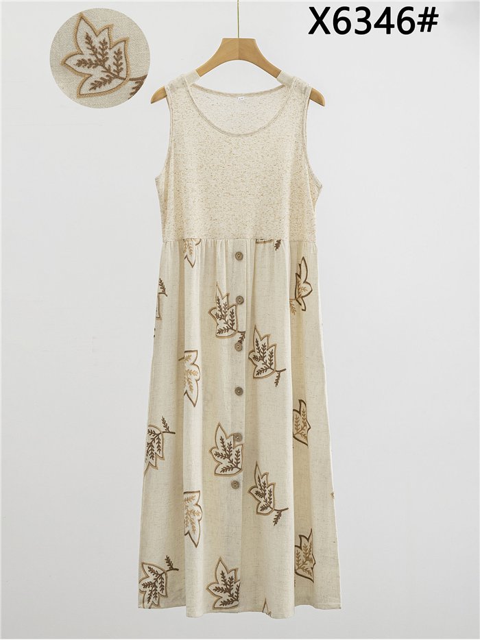 Leinen-Midikleid mit gestickten Blättern