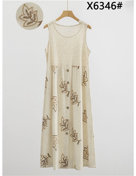 Leinen-Midikleid mit gestickten Blättern
