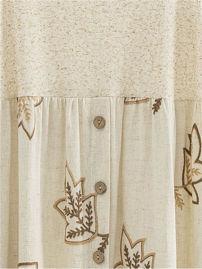 Leinen-Midikleid mit gestickten Blättern