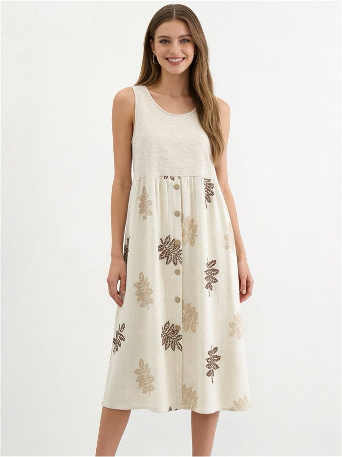 Robe midi en lin avec broderies de feuilles