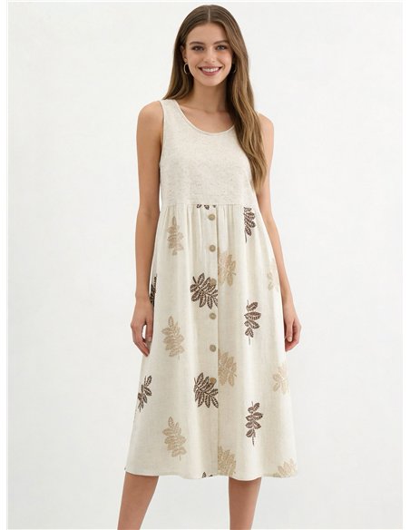 Robe midi en lin avec broderies de feuilles