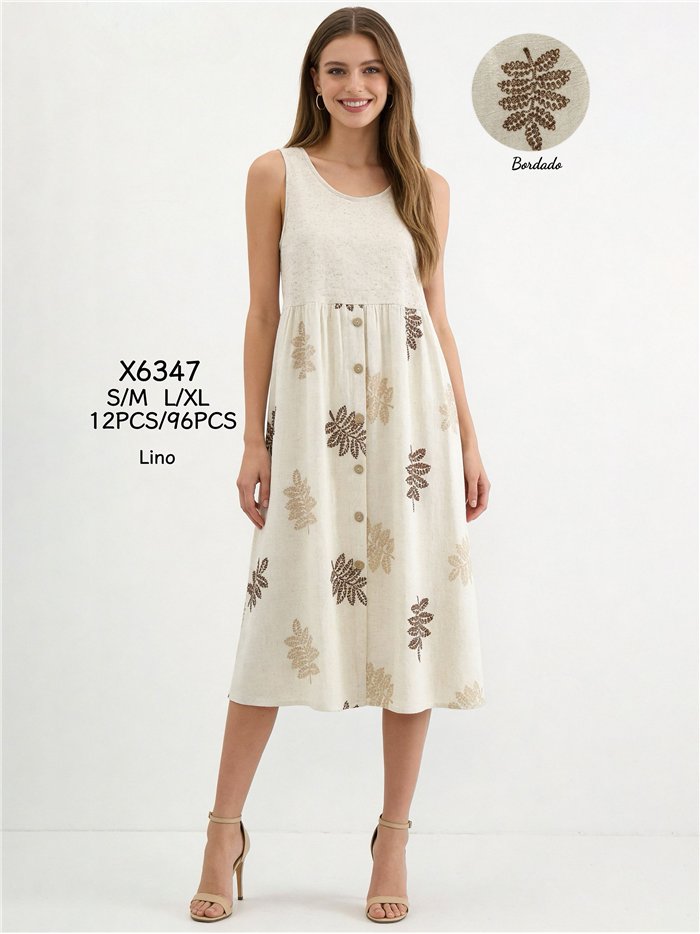 Robe midi en lin avec broderies de feuilles