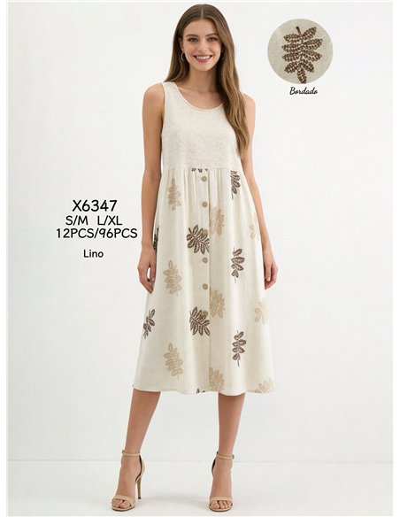 Robe midi en lin avec broderies de feuilles