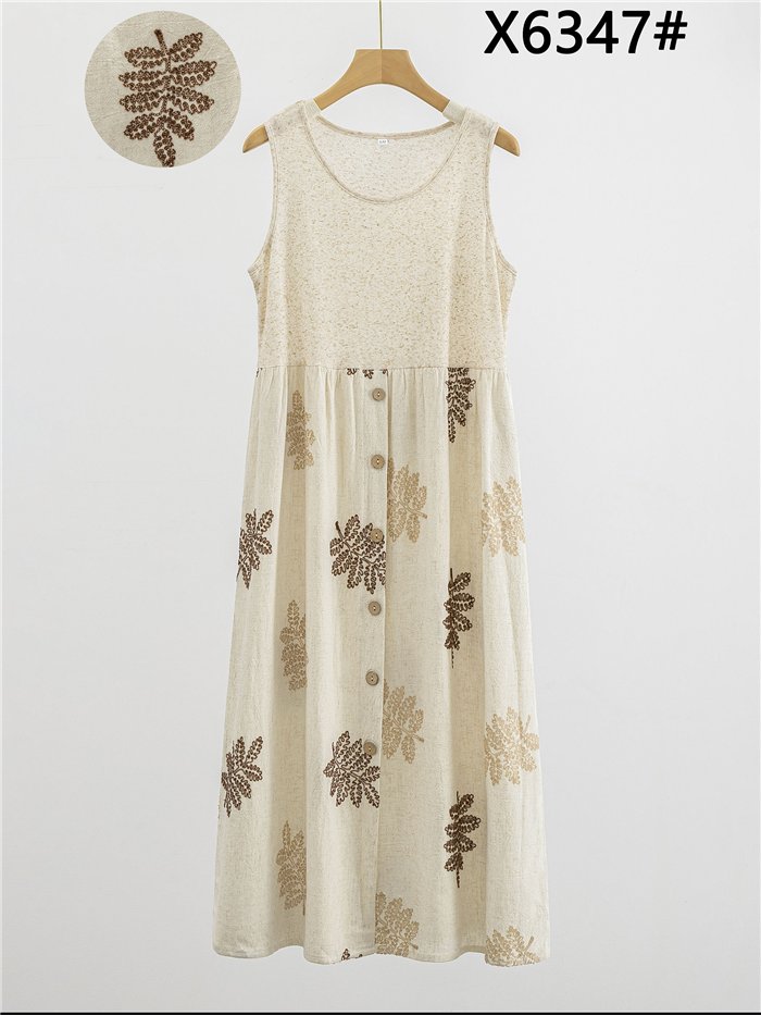 Robe midi en lin avec broderies de feuilles