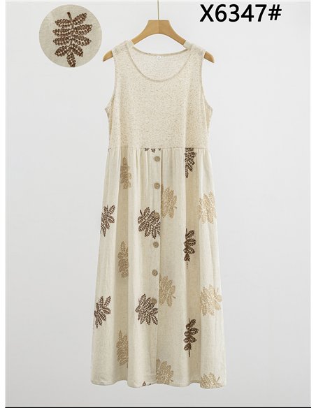 Robe midi en lin avec broderies de feuilles