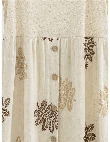 Robe midi en lin avec broderies de feuilles