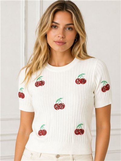 Top in maglia con ciliegie ricamate