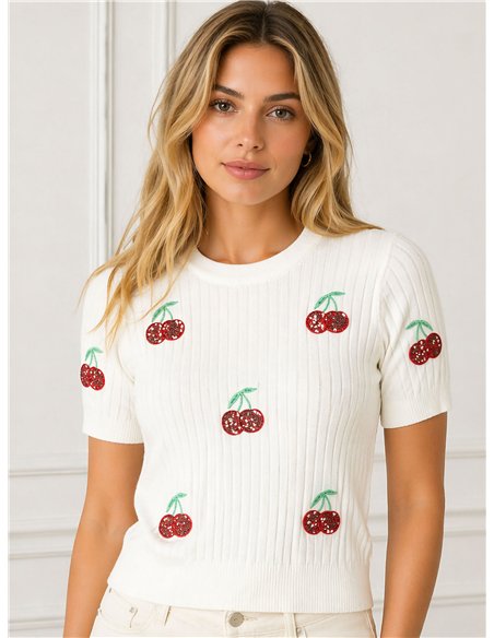 haut en maille brodé de cerises