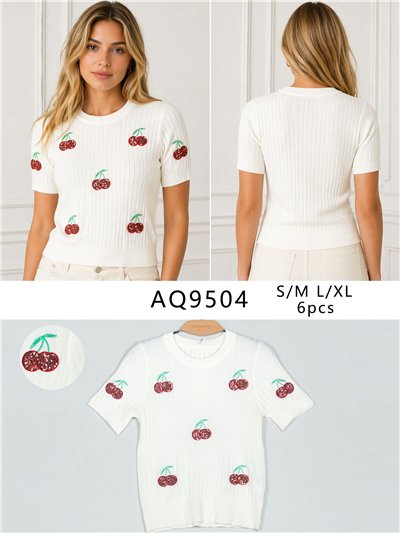 Top in maglia con ciliegie ricamate 2