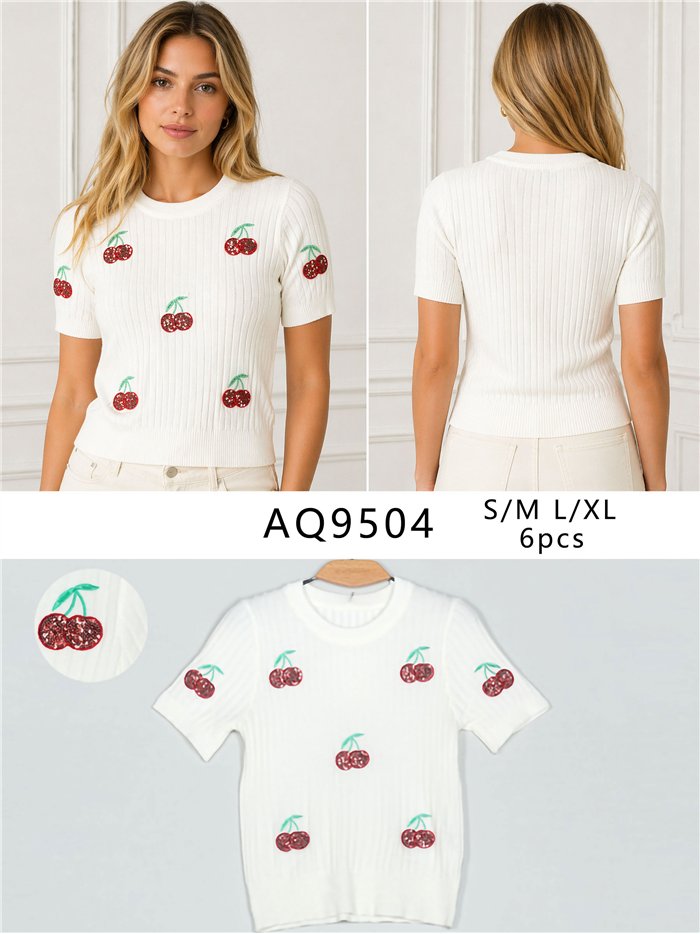 haut en maille brodé de cerises