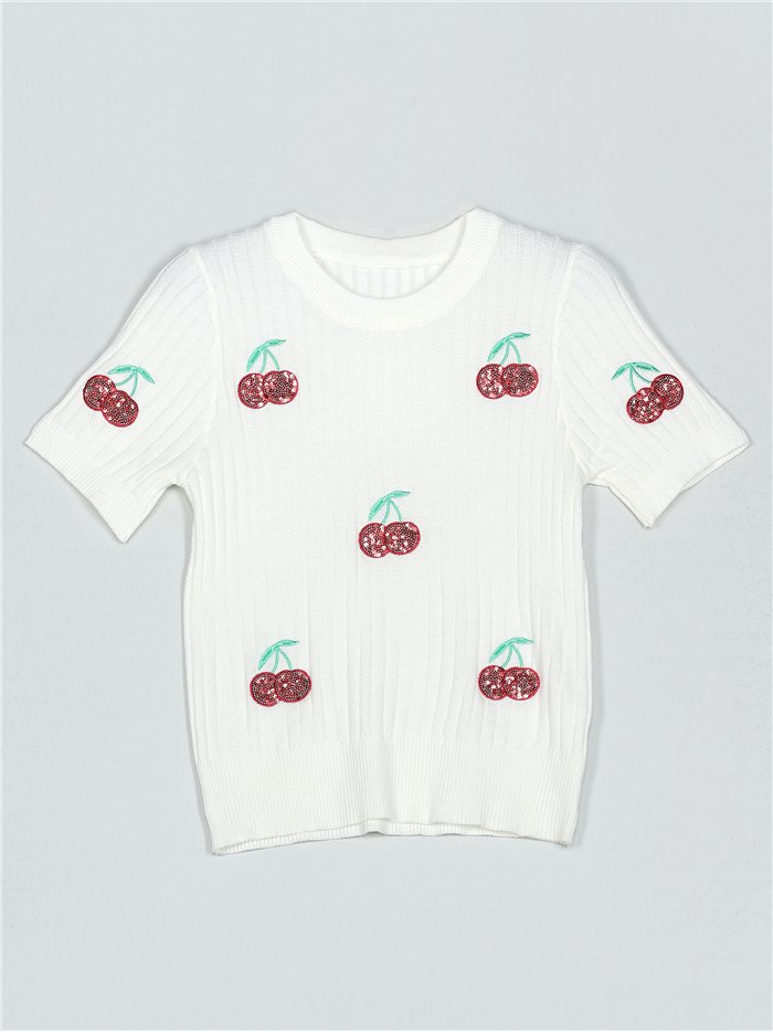 haut en maille brodé de cerises
