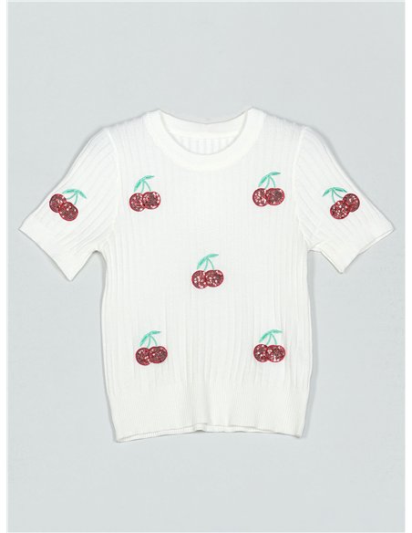 haut en maille brodé de cerises