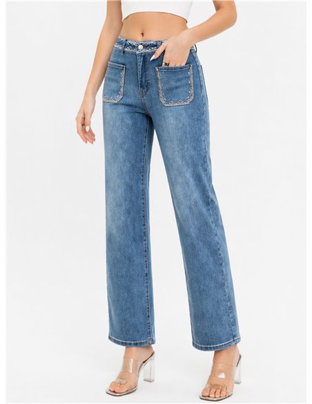 Jeans rectos bordado bolsillos