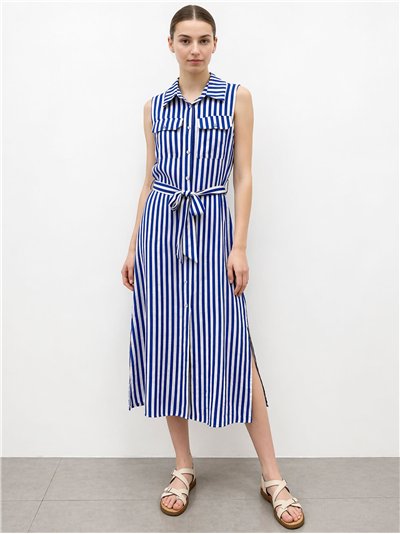 Striped sleeveless shirt dress with belt