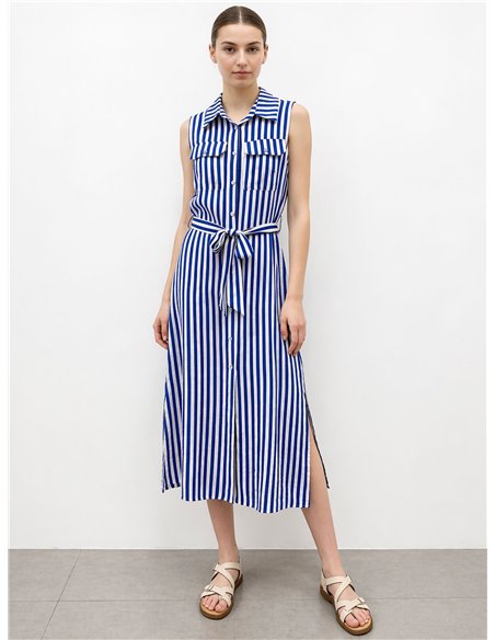 Striped sleeveless shirt dress with belt