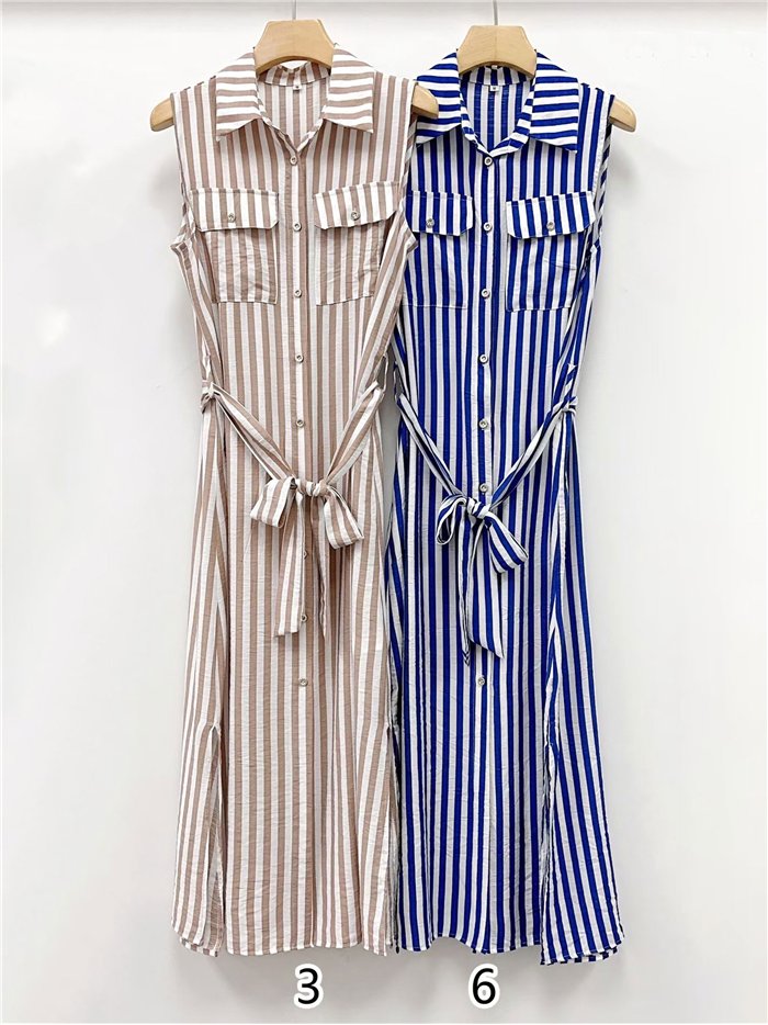 Striped sleeveless shirt dress with belt