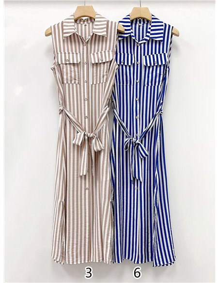 Striped sleeveless shirt dress with belt
