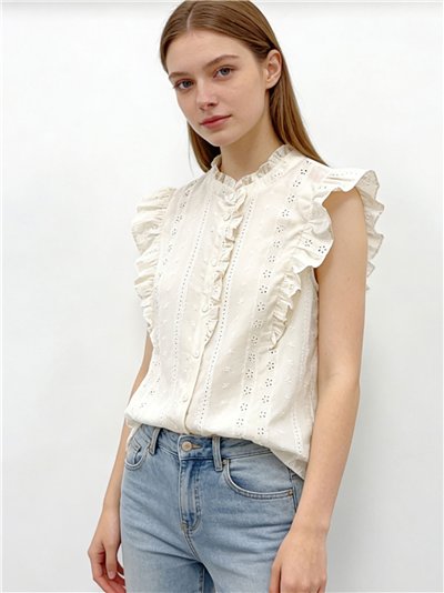 Sleeveless embroidered blouse with ruffles