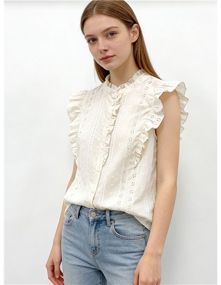 Sleeveless embroidered blouse with ruffles