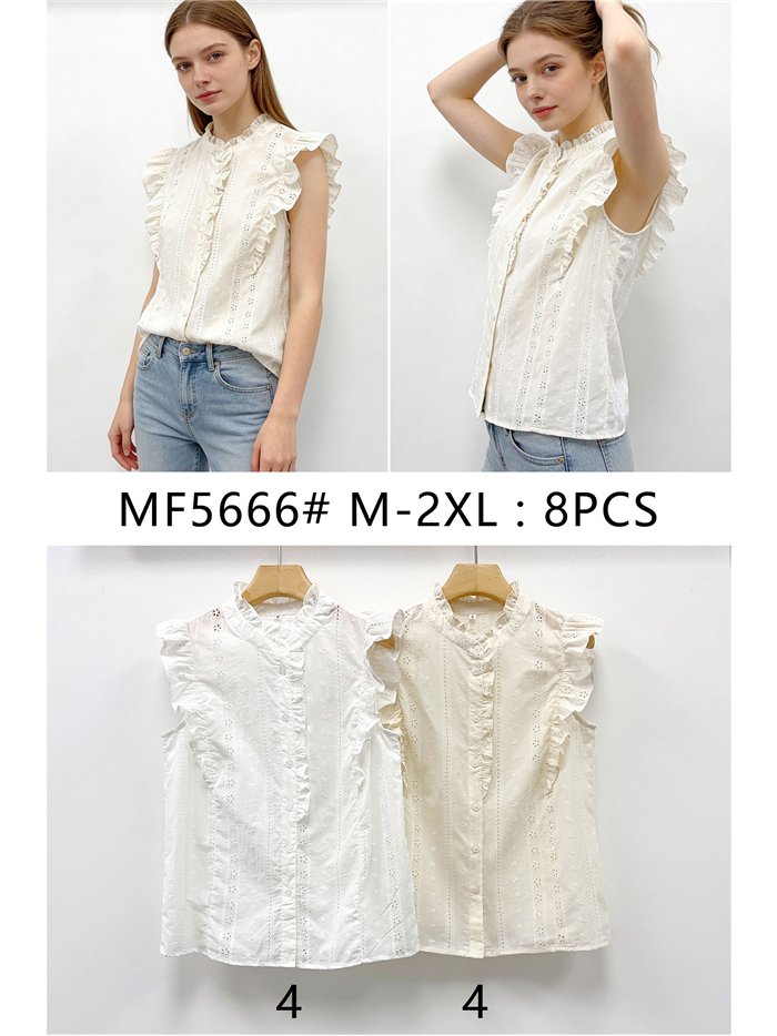 Sleeveless embroidered blouse with ruffles
