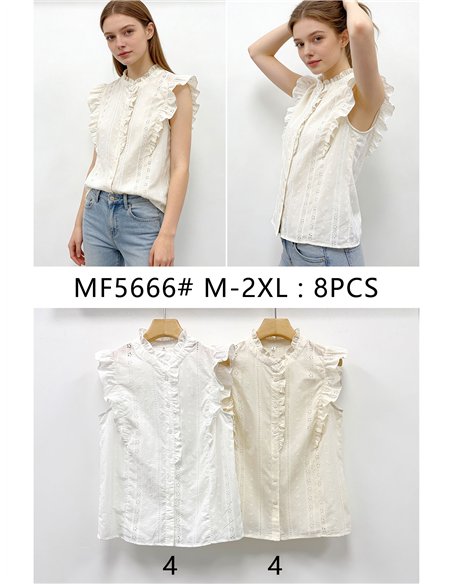 Sleeveless embroidered blouse with ruffles