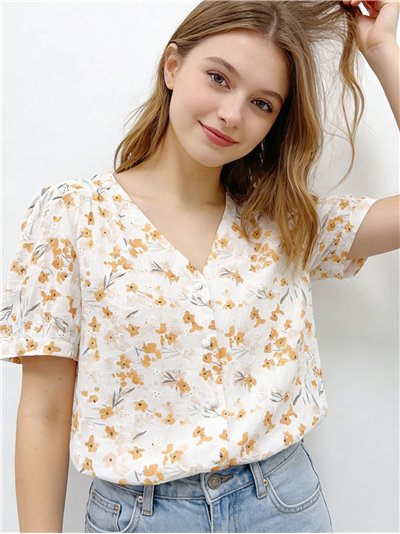 Blusa floral mostaza manga abullonada