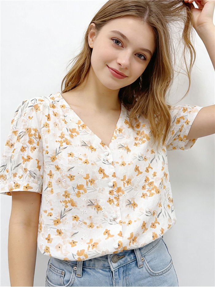 Blusa floral mostaza manga abullonada