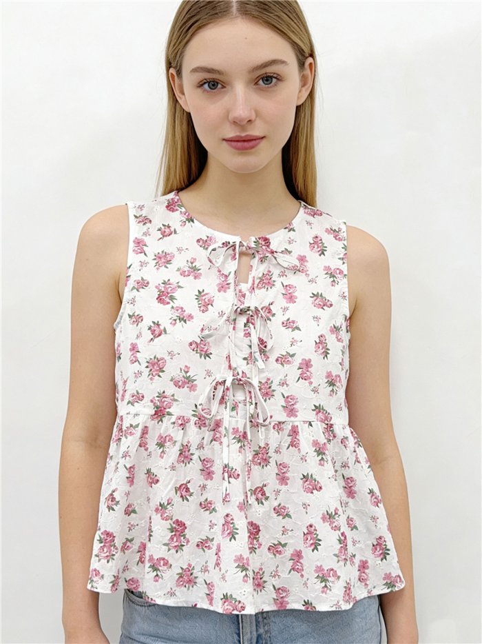 Top floreale senza maniche con laccetti