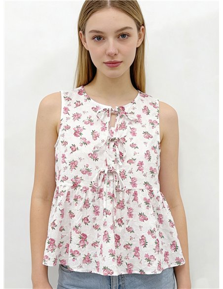 Top floreale senza maniche con laccetti