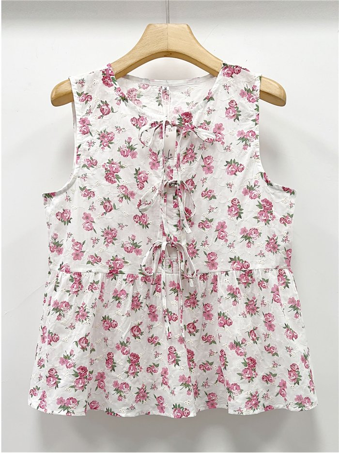 Top floreale senza maniche con laccetti