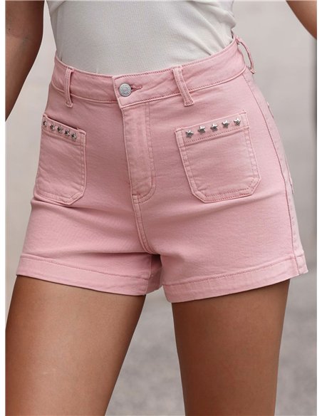 Short en jean rose à clous en forme d'étoile