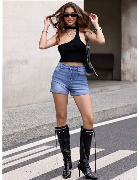 Pantaloncini di jeans con tasca a stella e strass