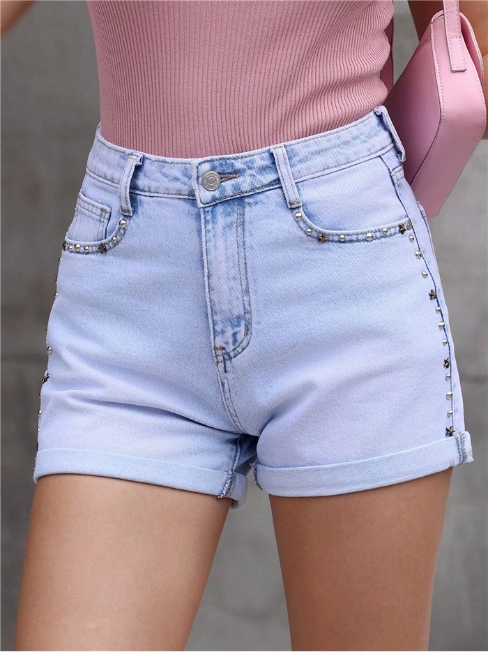 Side stud denim shorts