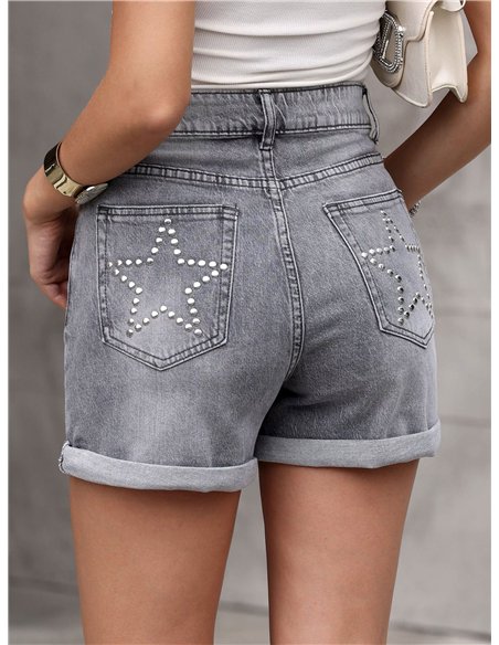 Short en jean gris avec poche à clous en forme d'étoile