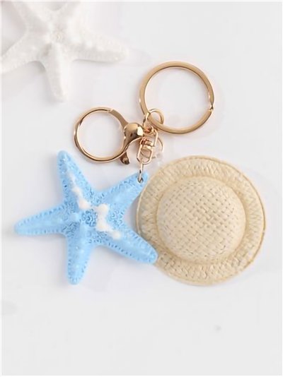Llavero sombrero de playa con estrella de mar